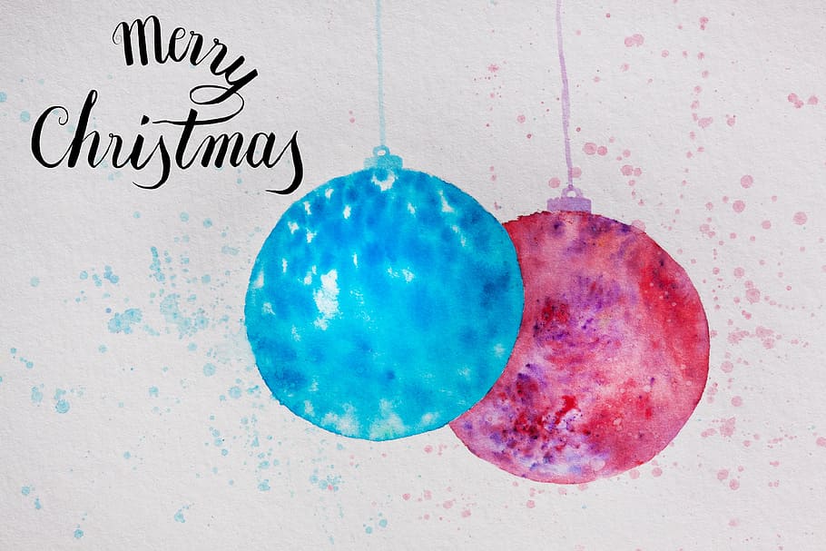 merry, christmas greeting illustration, christmas, map, ball, christmas ornament, turquoise, pink, violet, watercolour