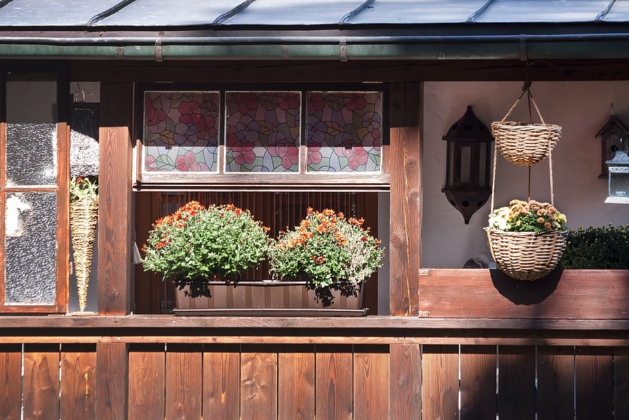 flower boxes, balcony, window sill, balcony plant, flowers, wood paneling, glass window, plant, architecture, built structure
