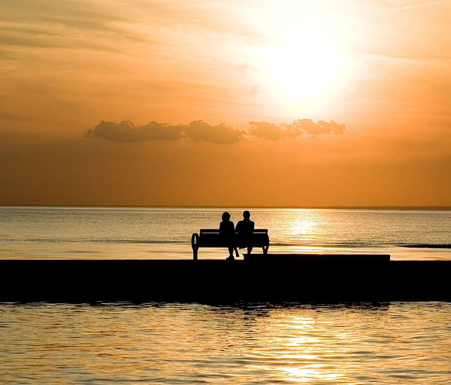 silhouette, two, person, sitting, bench, body, water, daytime, couple, romantic