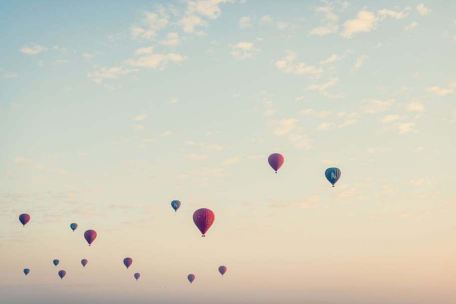 hot, air balloons, sky, blue, cloudy, skies, air, balloon, basket, sun