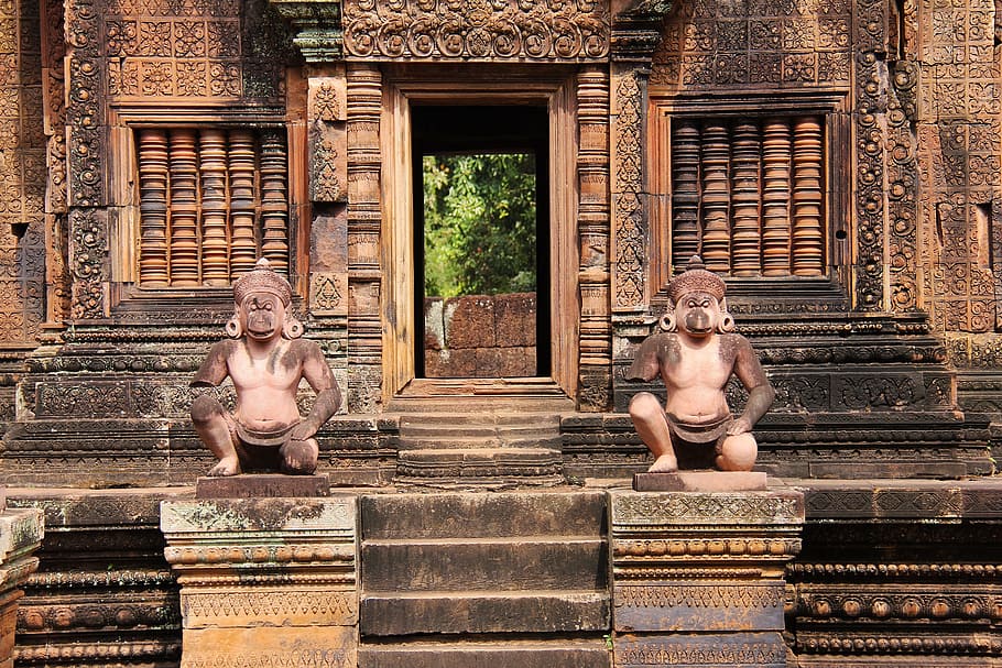 temple facade, banteay srei, temple, travel, antique, old, beautiful, angkor wat, siem reap, cambodia