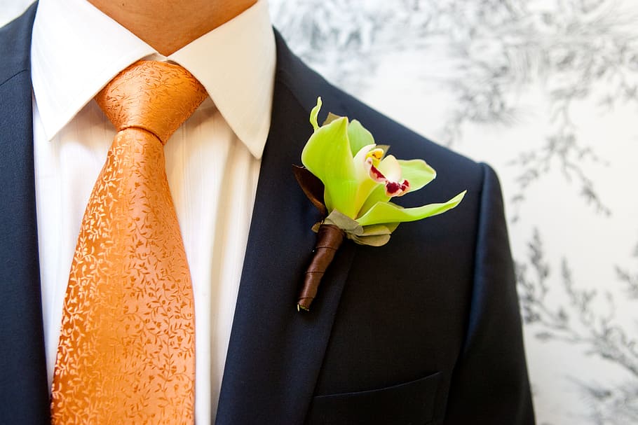 Wedding, Groom, Flowers, Men'S Suit, orchid, boutonniere, bride, wedding dress, clothing, life events