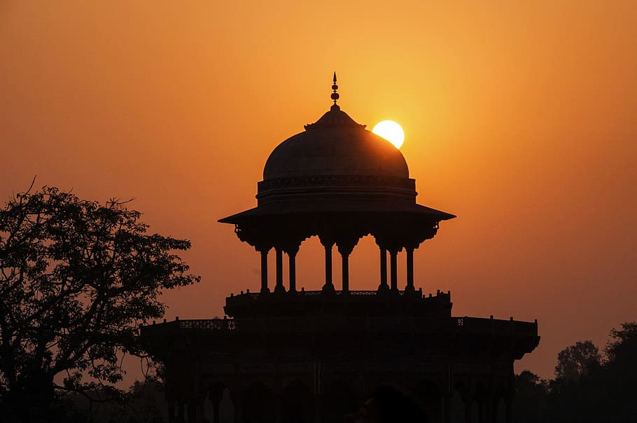 Silhouettes, Sunset, Mosque, India, Agra, taj mahal, sky, setting sun, sun, beauty