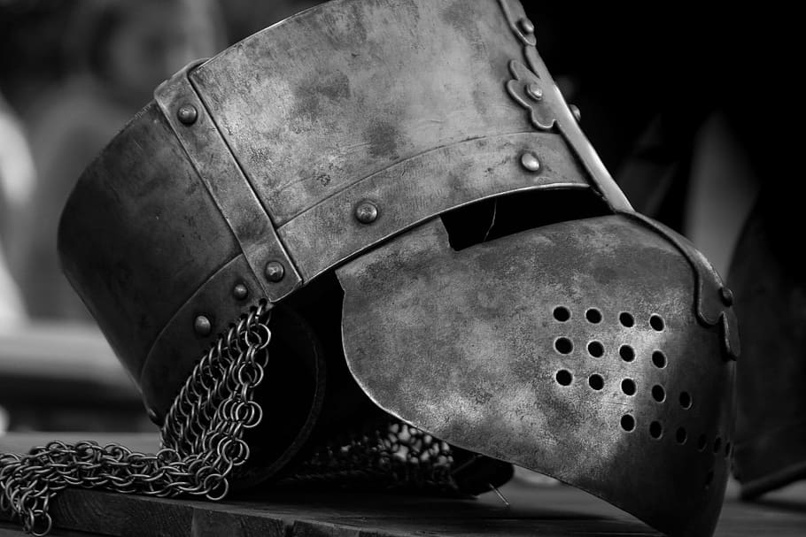 greyscale photography, helmet, middle ages, knight, historically, ritterruestung, helm, harnisch, old knight armor, metal
