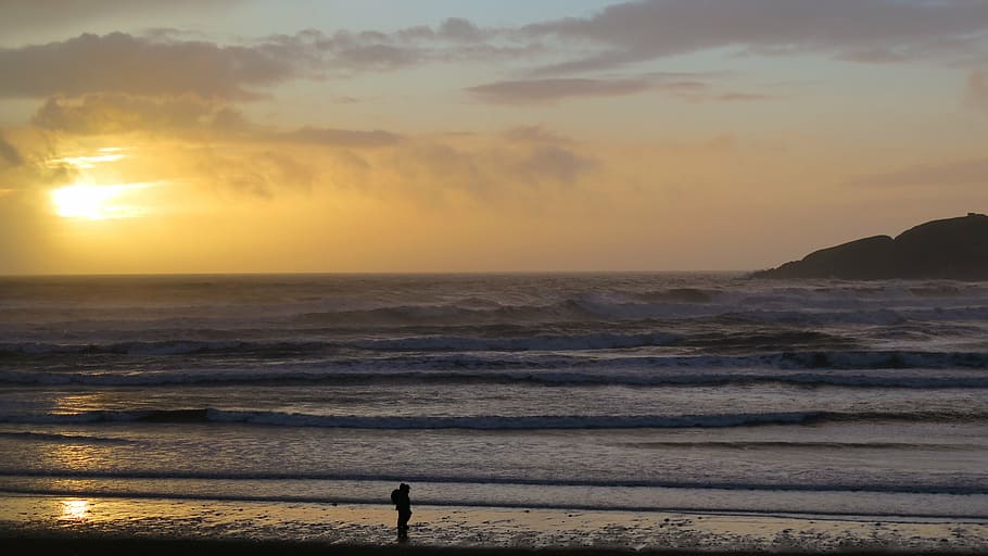 silueta, hombre, de pie, al lado, orilla del mar, persona, cerca, playa, puesta de sol, anochecer