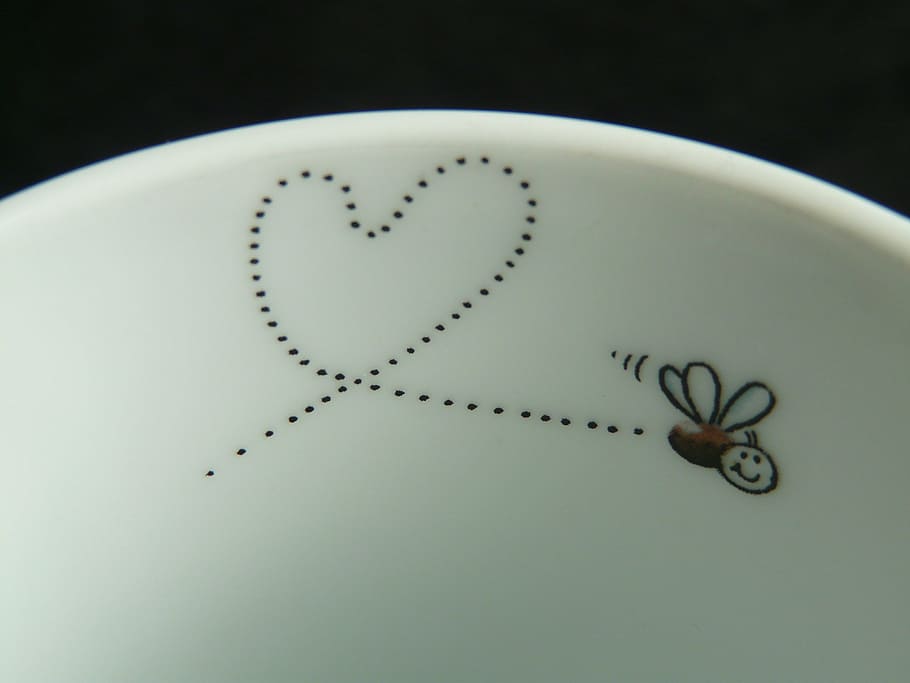putih, hitam, lebah, dicat, keramik, piring, terbang, nyamuk, jantung, cinta