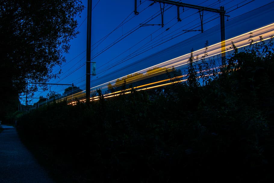 time-lapsed photography, yellow, train light, night, long, exposure, car, transportation, photography, long exposure