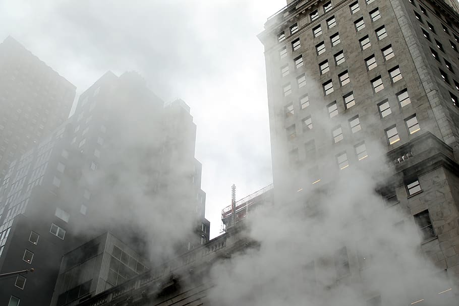 fumar, ciudad, Nueva York, edificio, rascacielos, arquitectura, urbano, niebla, nubes, silueta