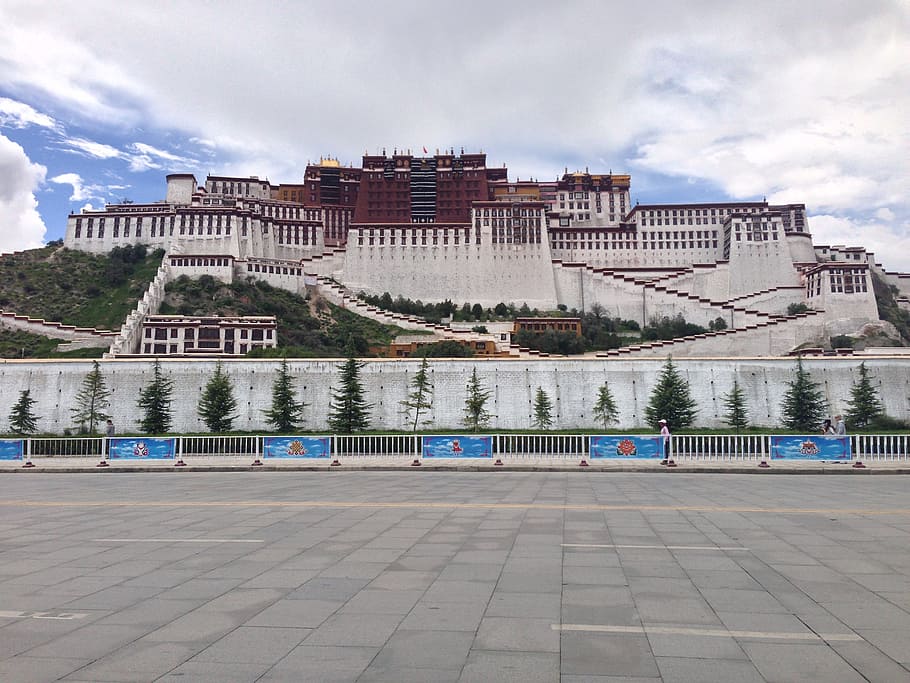 Tibetan, istana potala, persegi, positif, arsitektur, struktur yang dibangun, eksterior bangunan, awan - langit, langit, bangunan