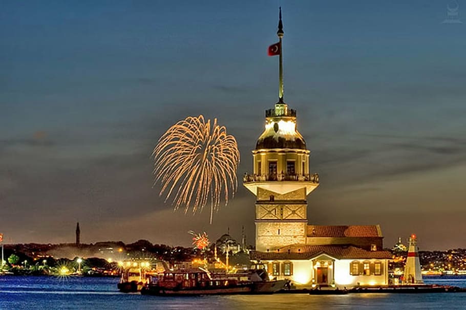 fireworks, maiden, tower, istanbul, turkey, maiden's tower kiz kulesi, wedding, night, havaii fireworks, architecture