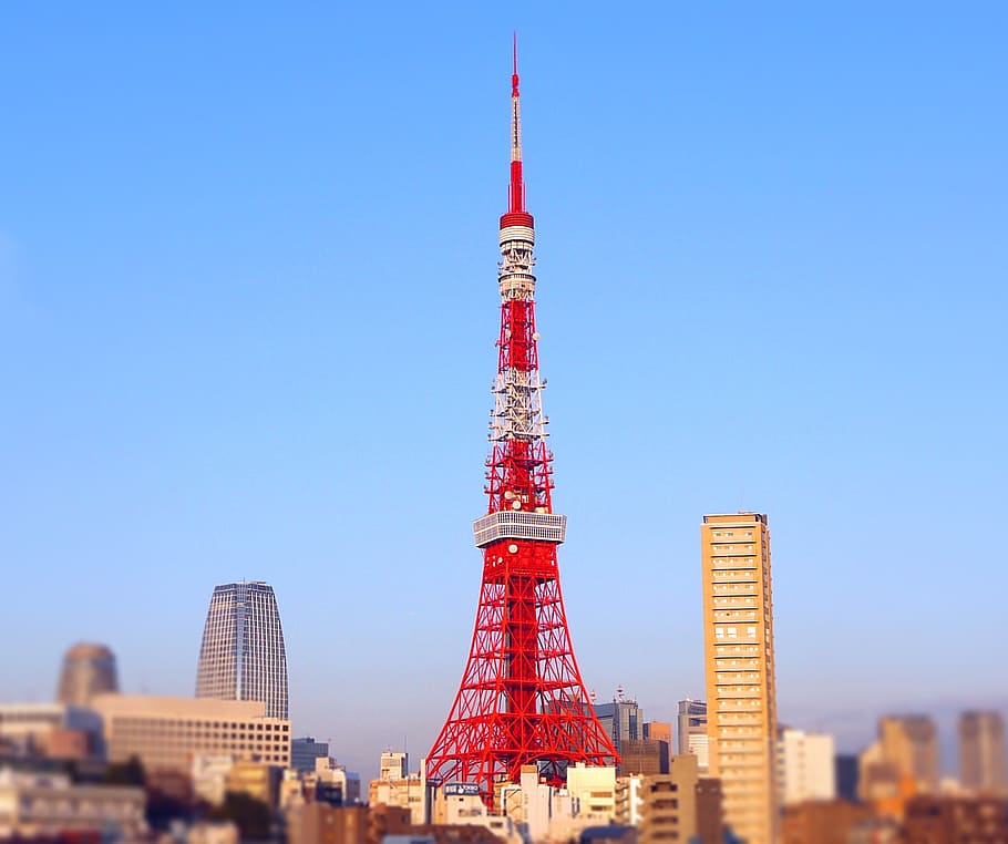tokyo tower, shiba, minato-ku, tokyo, japan, bill, tower, blue sky, cloud, red