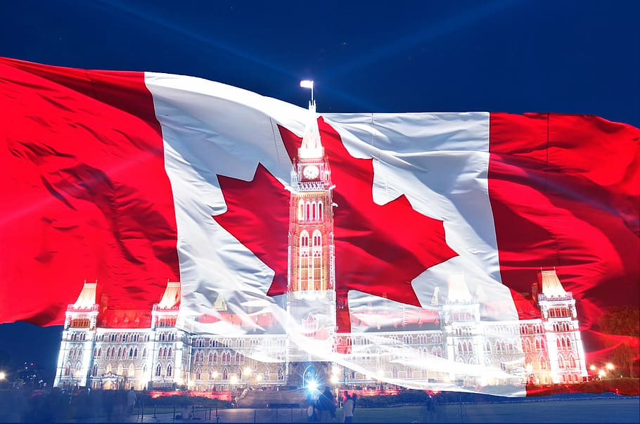 bandera, canadá, iluminado, mansión, día de canadá, canadiense, símbolo, feliz, julio, arquitectura