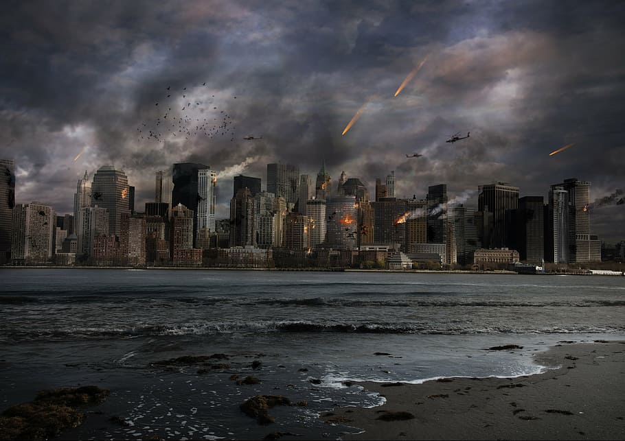 raining, meteor, city, explosion, building, sky, fire, nuclear, apocalypse, armageddon