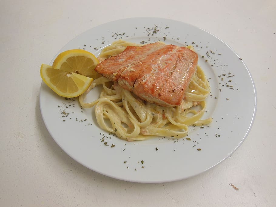 salmon, noodles, lemon, eat, food, fish, delicious, healthy, nutrition, plate