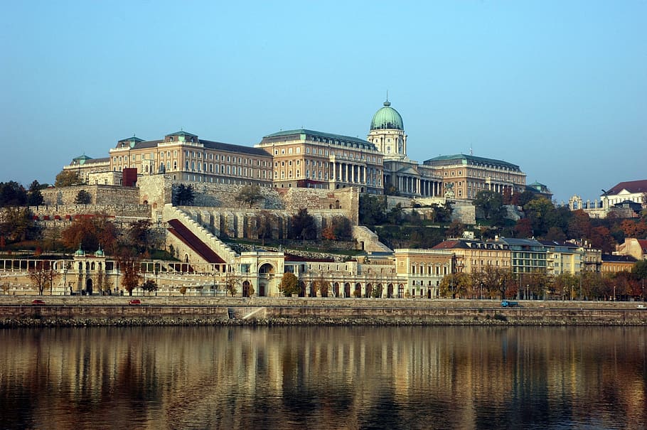 grey, concrete, building, body, water, distant, gray, structure, buda, castle