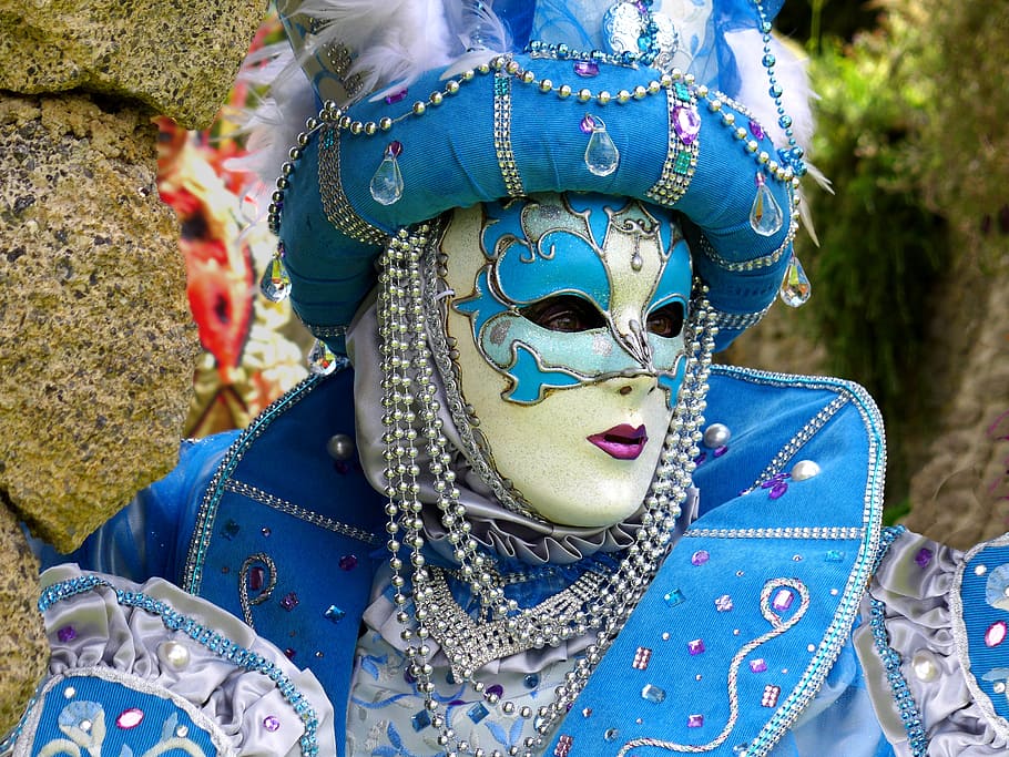 person, wearing, volto mask, venice, mask, mask of venice, carnival of venice, blue, disguise, traditional clothing