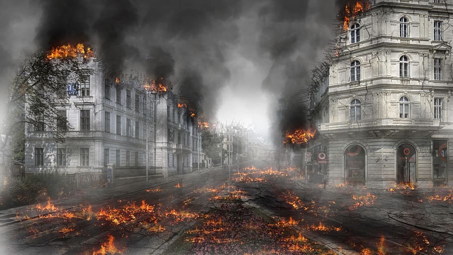 membakar kota, armageddon, kehancuran, kiamat, bencana, perang, api, nuklir, bahaya, asap