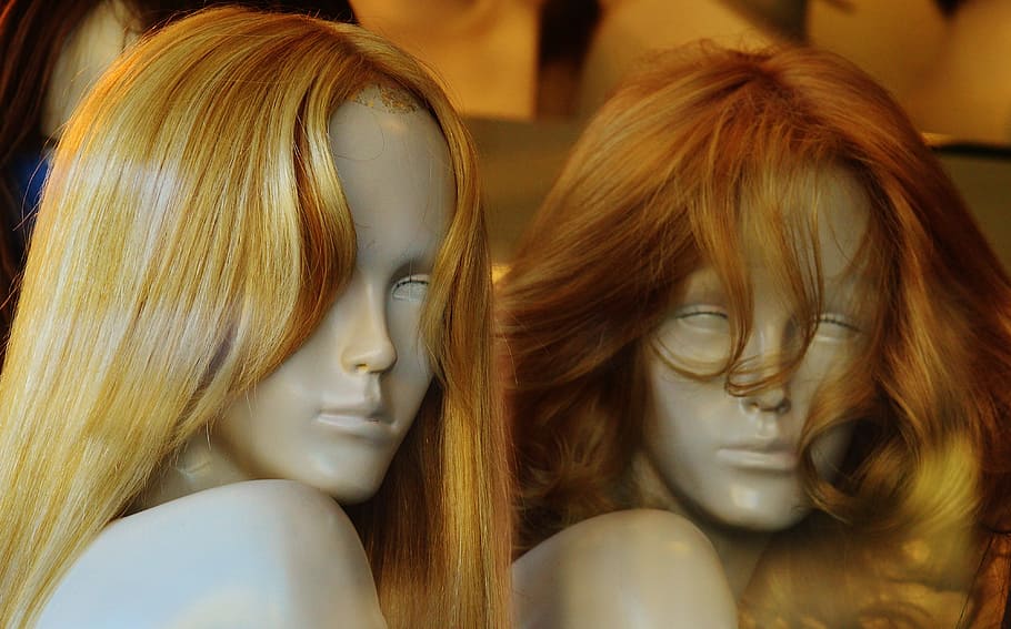 two, mannequins, orange, hair, wig, blond, hairstyle, long hair, fashion, redhead