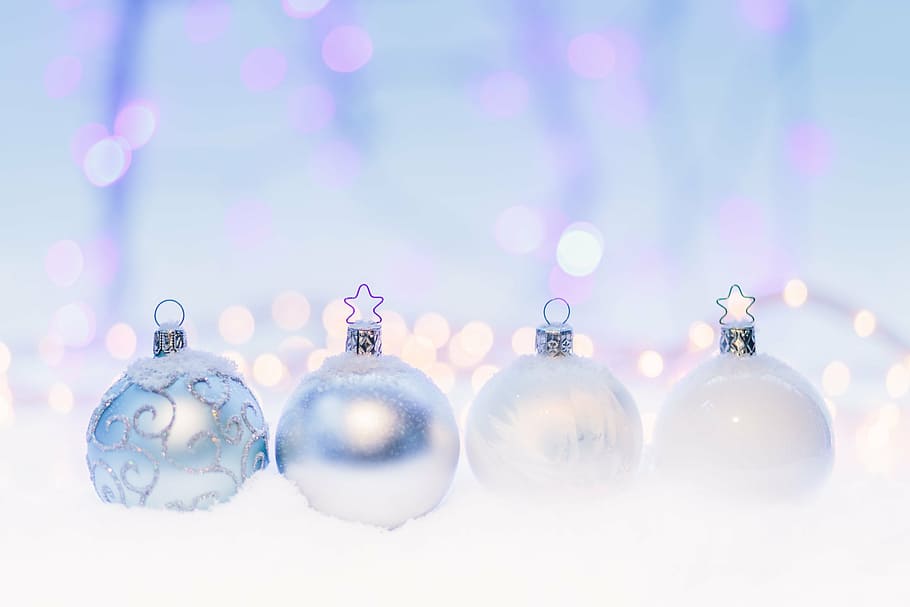 shallow, focus photography, bauble, four, inline, grey, white, baubles, surface, christmas