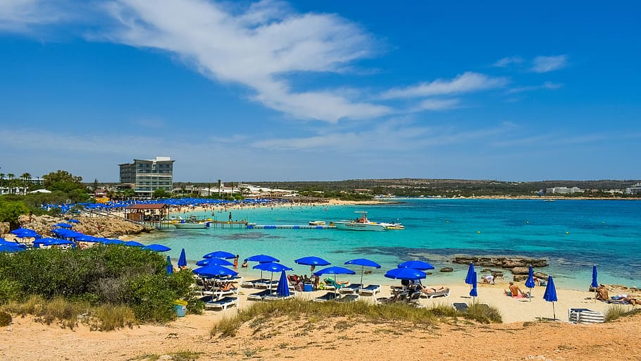 blue, parasols, seashore, daytime, cyprus, ayia napa, makronissos beach, beach, destination, island