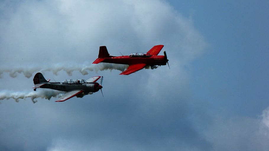 aircraft, air, cloud, sky, flight, duo, red, white, air vehicle, airplane