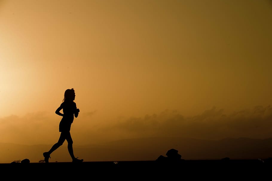 silhouette, woman, running, golden, hour, runner, female, sunset, twilight, dusk