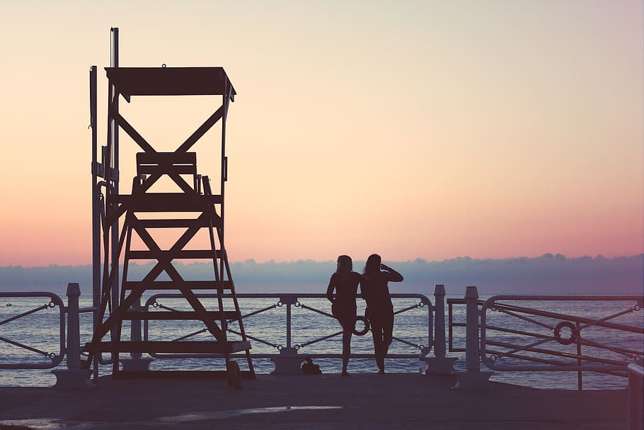sunset, girls, silhouette, people, dock, pier, ocean, sea, sky, real people