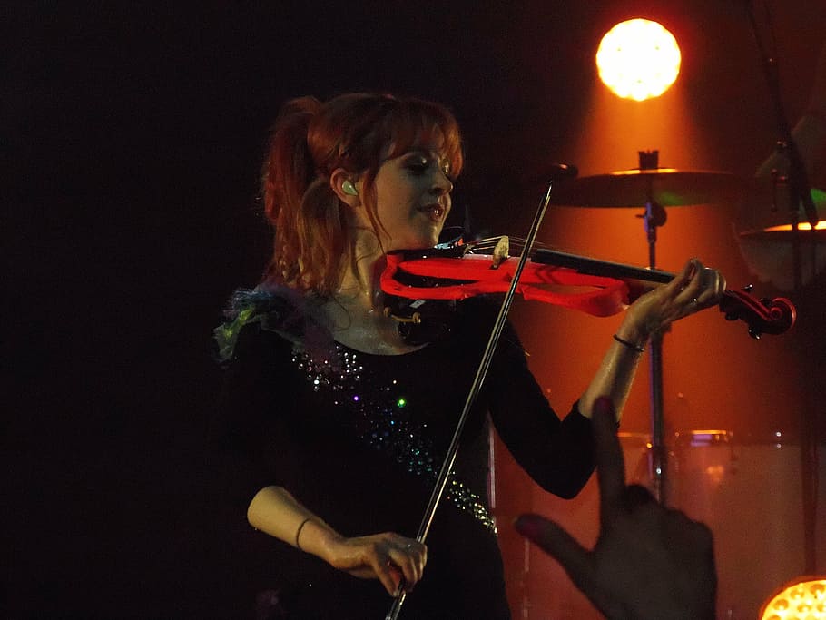 woman, playing, red, violin, lindsey stirling, talented, techno, music, dancing, violinist