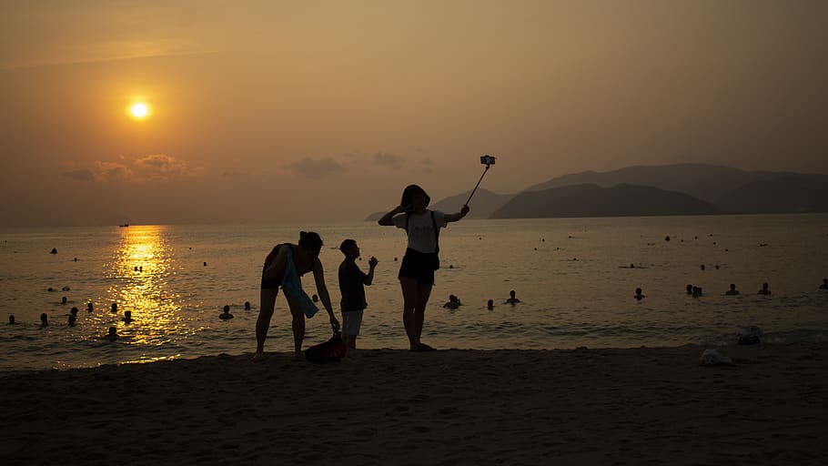 sunrise, beach, sea, summer, man, dom, sun, selfie, water, sky