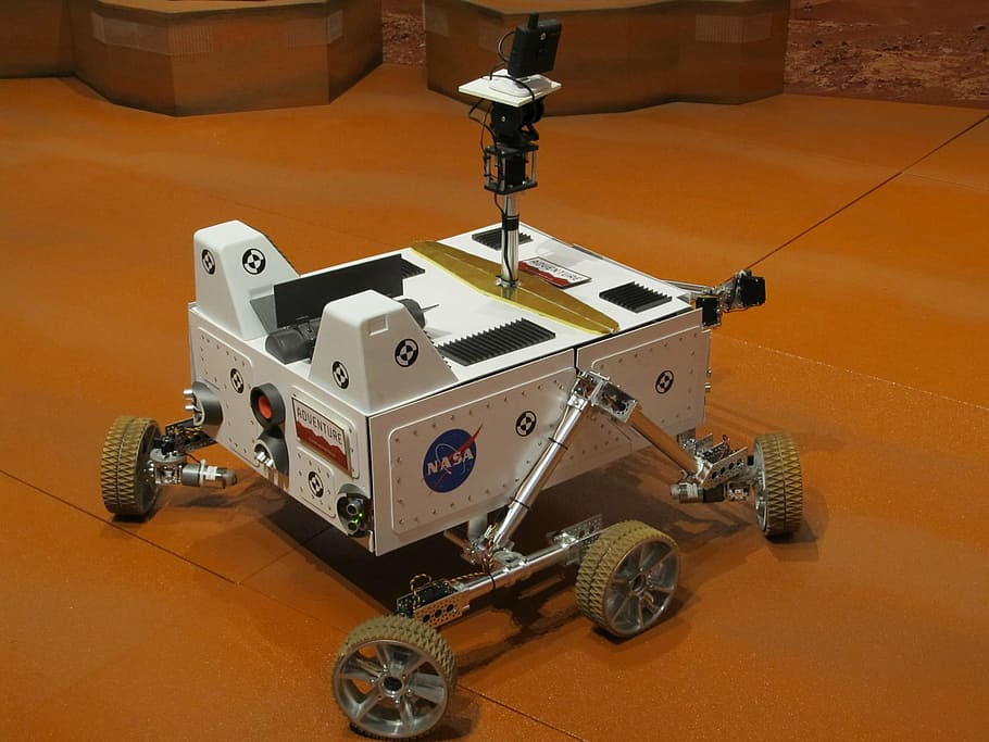 grey, white, nasa machine, mars rover, robot, exhibit, space, exploration, research, saint louis