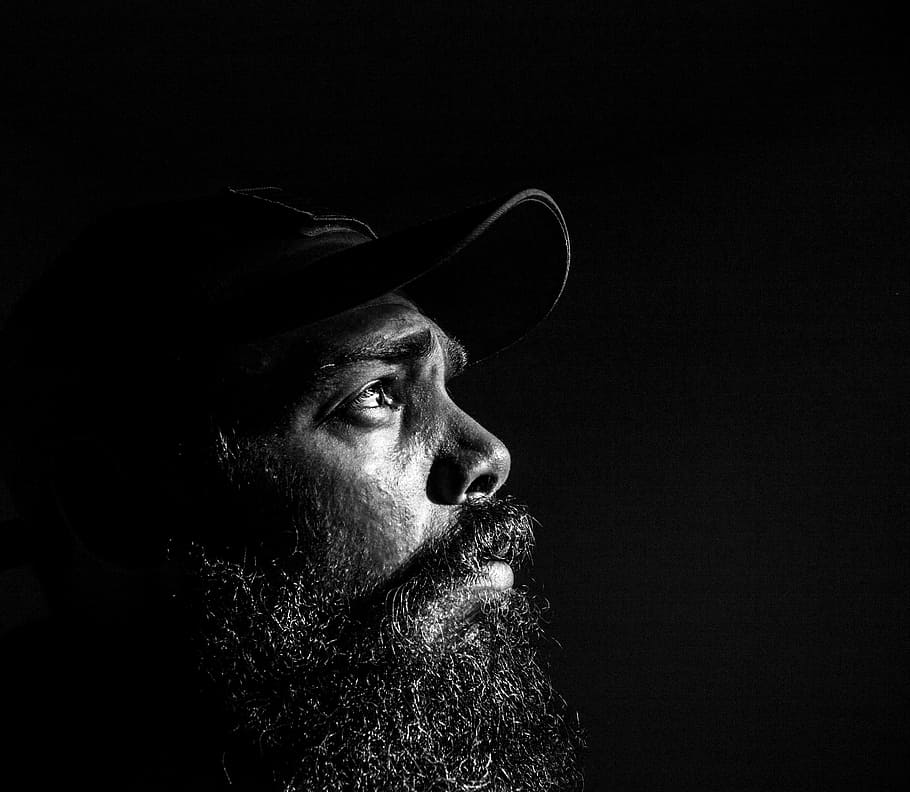 man, black, beard, wearing, cap, grayscale photography, portrait, white, face, model