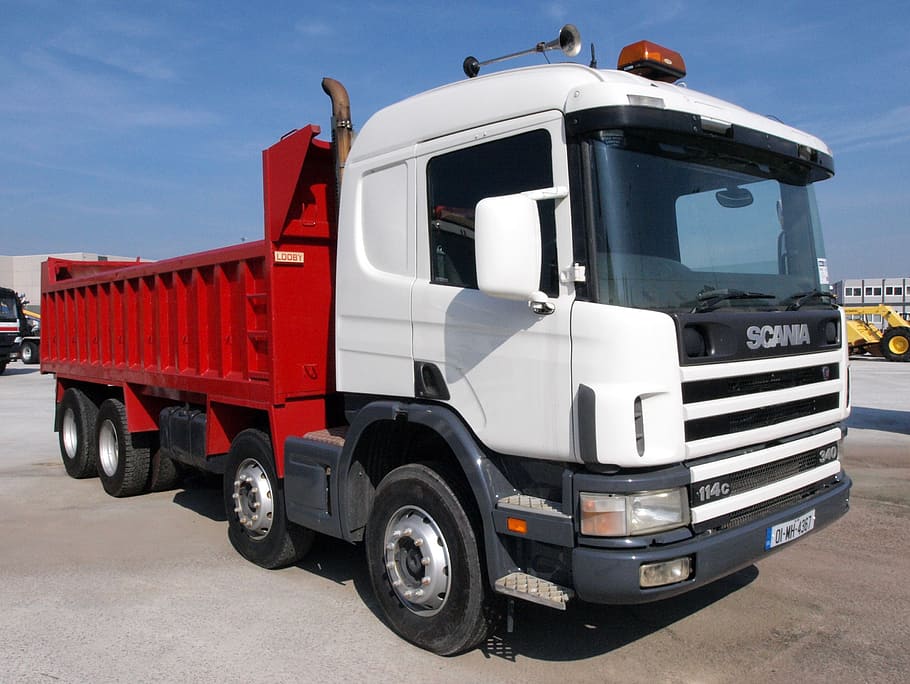 red, white, scania, dump, truck, cargo, delivery, lorry, machine, haulage
