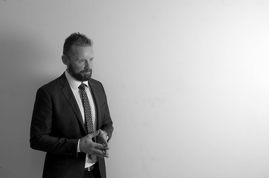 man, standing, white, surface, portrait, beard, suit, black and white, one man only, only men