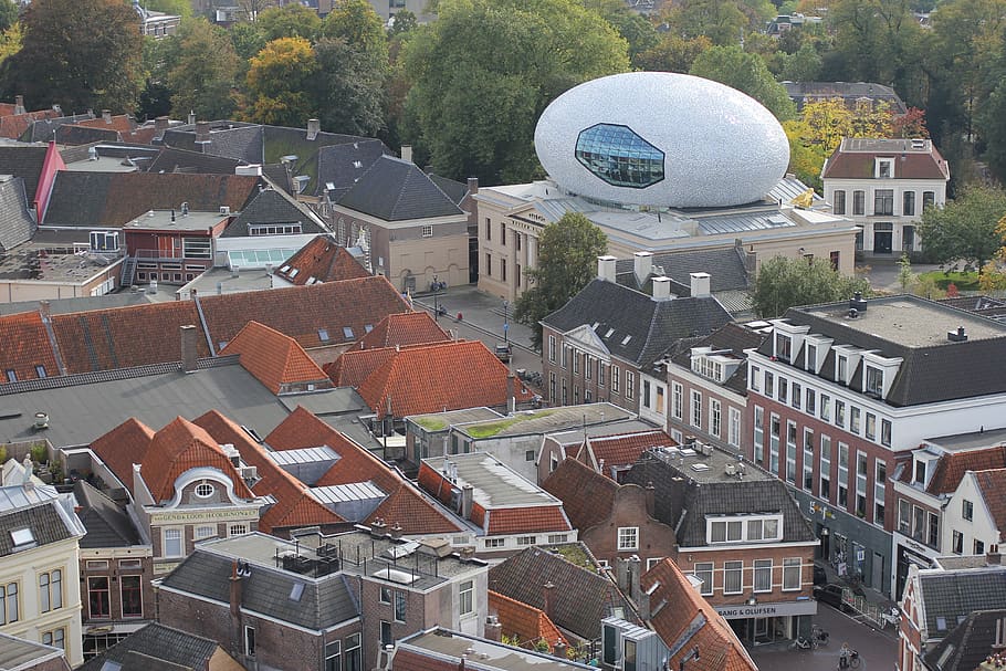 museum, zwolle, architecture, oval building, foundation, modern, city, built structure, building exterior, tree