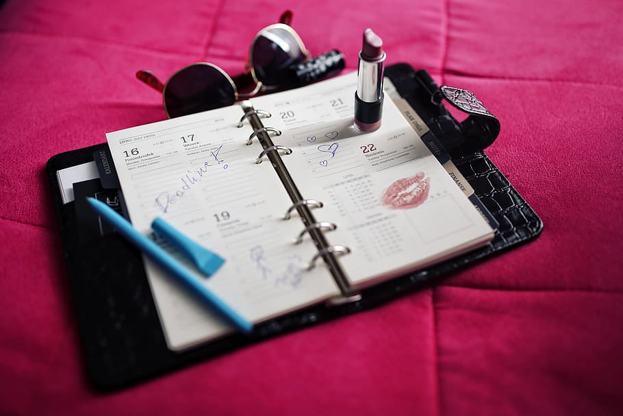 black, lipstick, white, notebook, calendar, organizer, women, female, paper, red