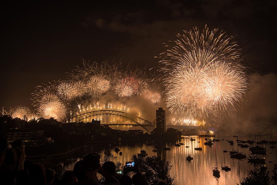 people, watching, bridge, fireworks, sylvester, new year, 2015, sydney, australia, harbour