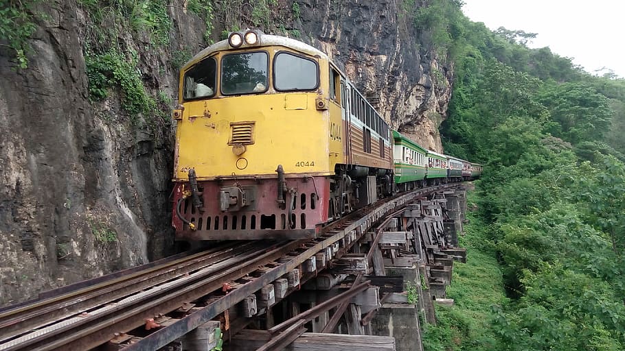 yellow, rails, mountainside cliff, Train, Thailand, Kanchanaburi, death railway, transportation, railroad track, outdoors