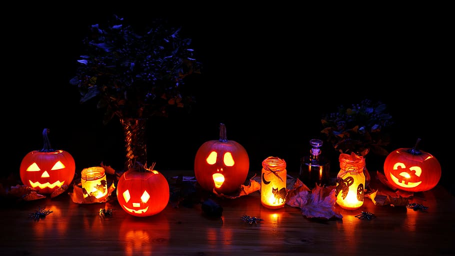 turned on jack-o-lanterns, dark, decoration, fall, glow, glowing, halloween, illuminated, lantern, leaves