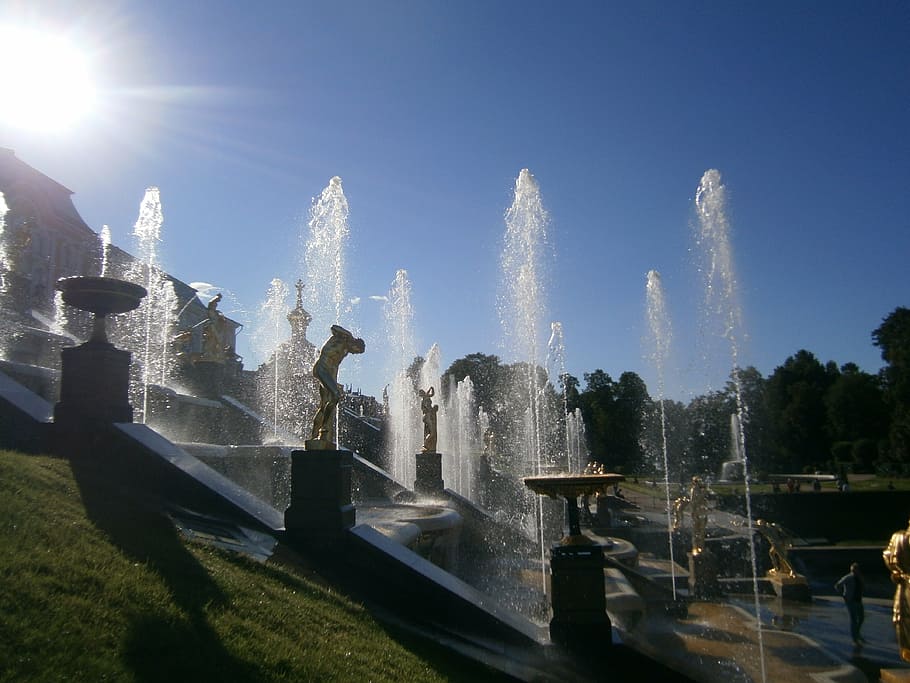 fontana, st petersburg, peterof, fountain, sunlight, water, nature, architecture, sky, day
