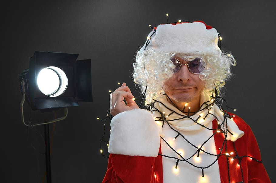 man, wearing, santa claus, string lights, black, studio lamp, satire, christmas, xmas, xmas kills