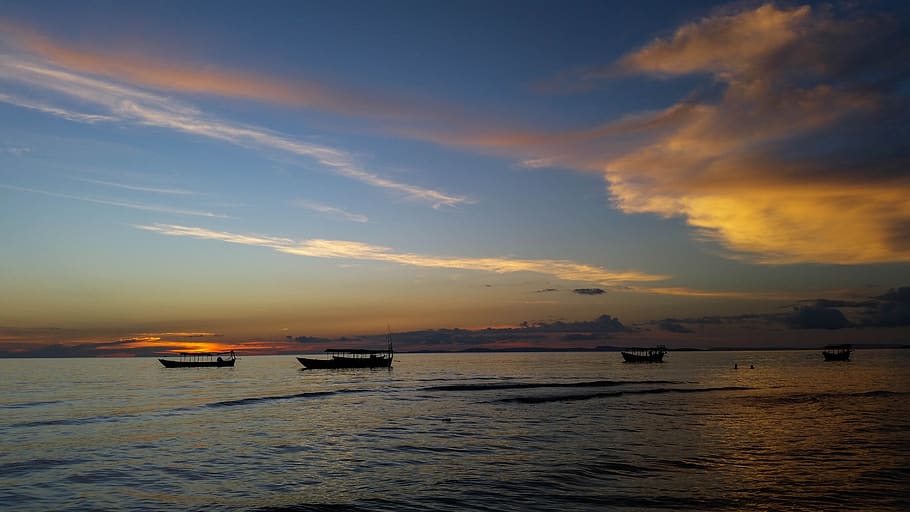 cambodia, asia, sihanoukville, sea, beach, clouds, sunset, abendstimmung, afterglow, water