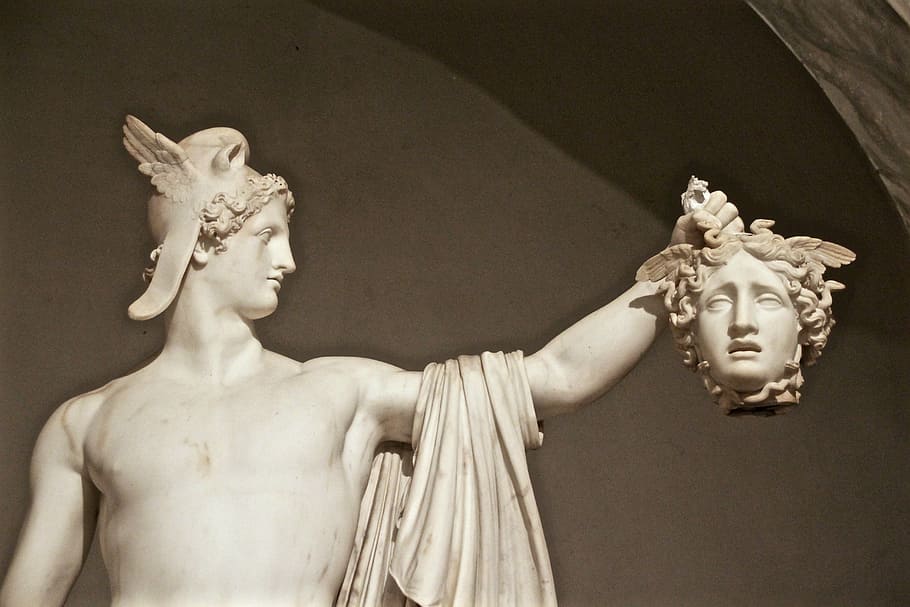 white, concrete, man, holding, head, woman statue, medusa, perseus, vatican, statue