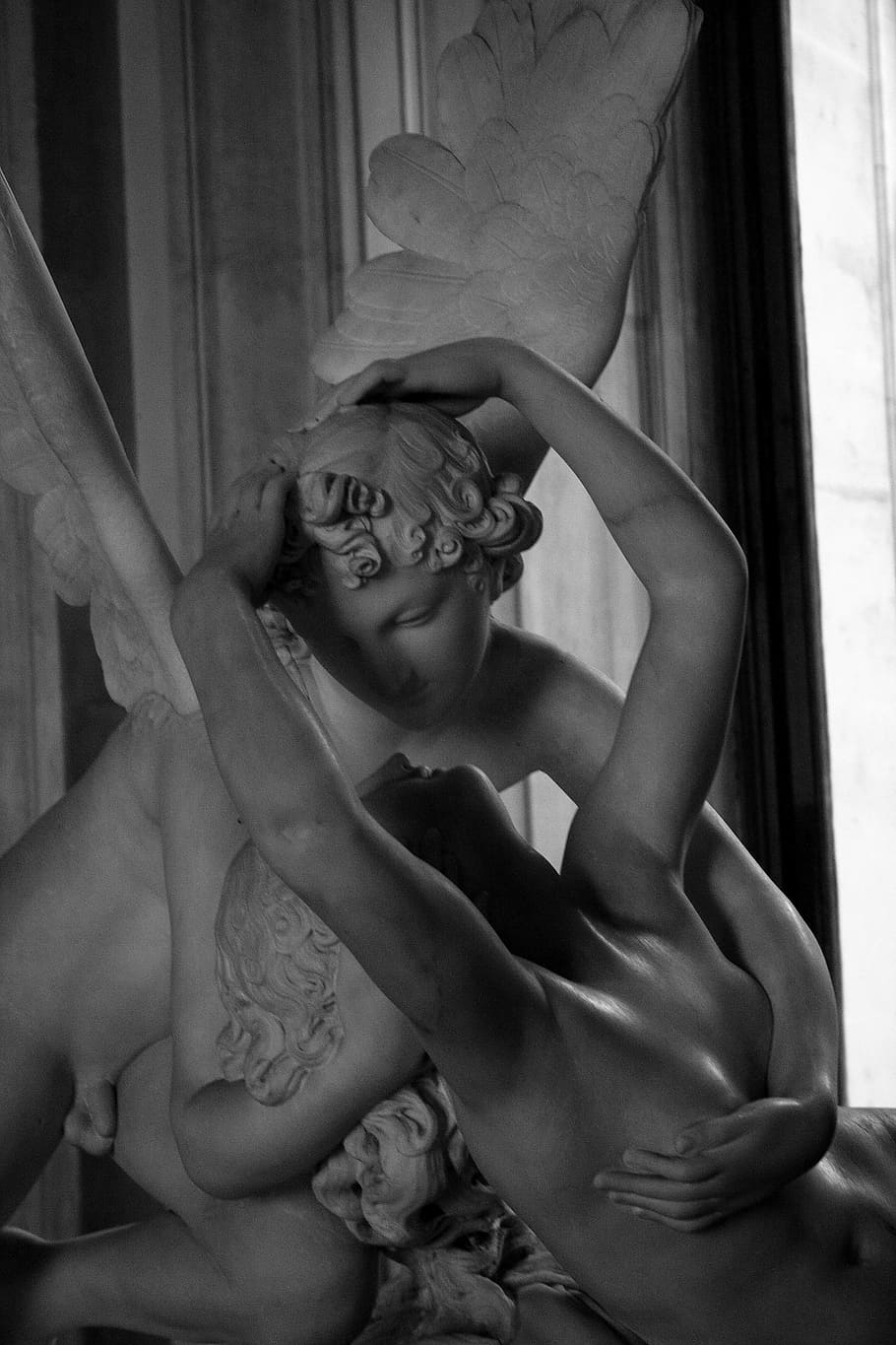 cupid and psyche, louvre, paris, statue, museum, indoors, one person, women, real people, young adult