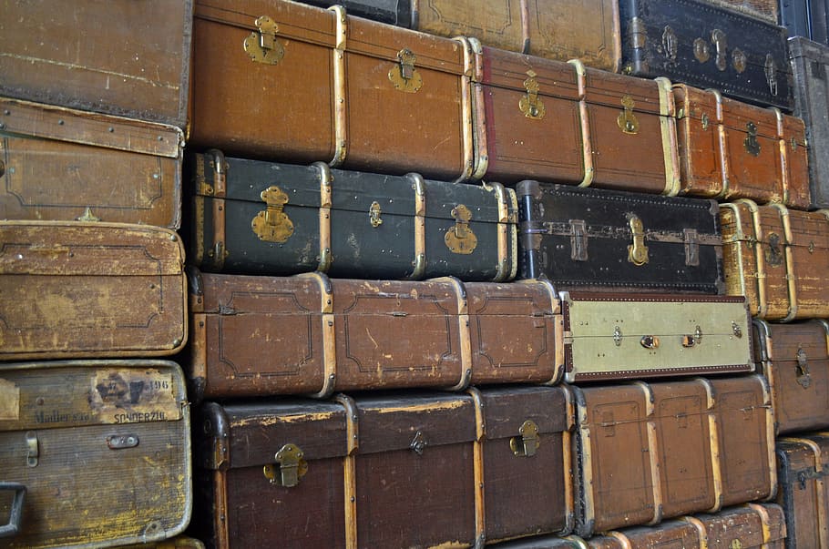 荷物の積み重ね, 荷物, 旅行, 行く, 古い, スーツケース, 古いスーツケース, 革, 休日, パッケージング