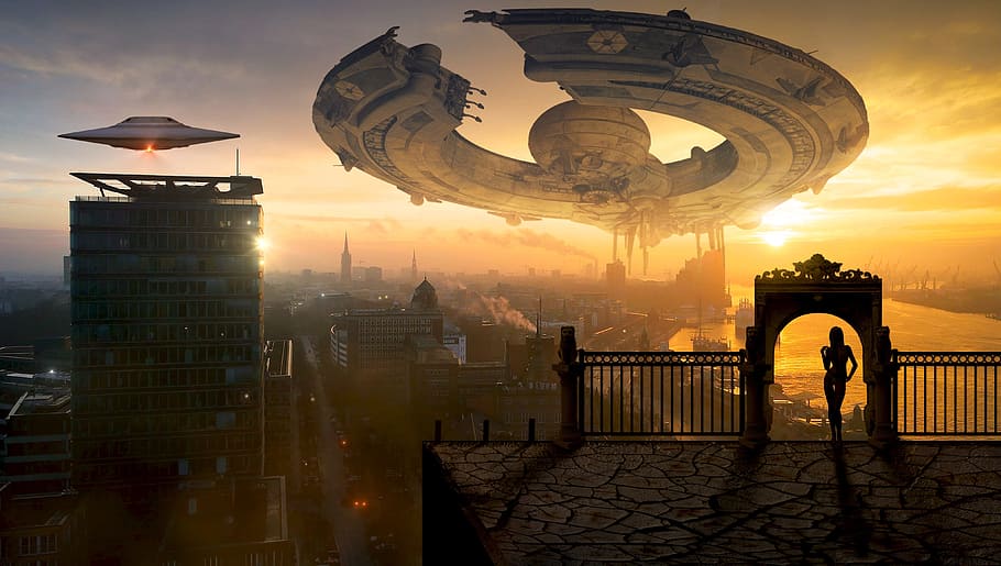 white, space craft, hovering, buildings, sunset, fantasy, science fiction, forward, ufo, spaceship