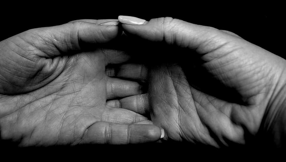 hand, palm, grief, black and white, human hand, human body part, body part, finger, human finger, people