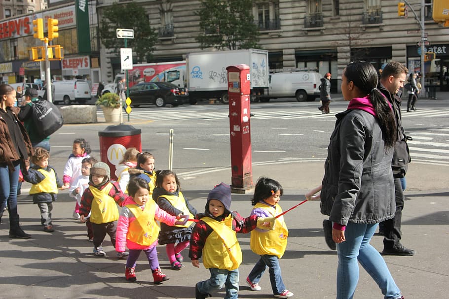 children, walking, guardian, back to school, kids, preschool, city, group of people, street, women