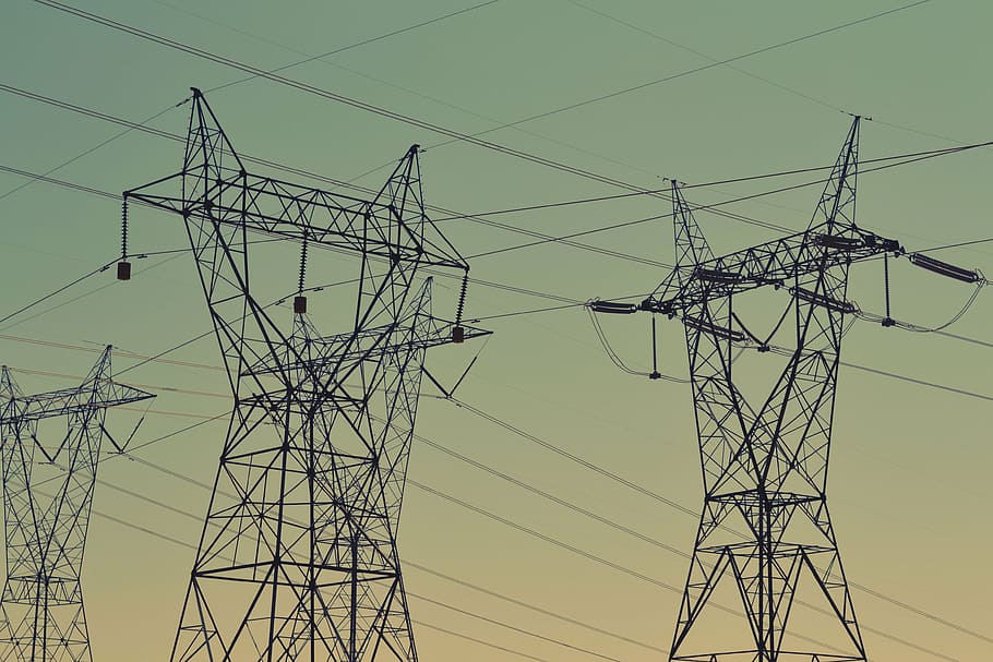 three transformer towers, infrastructure, wires, structure, electricity, light, cable, electricity pylon, fuel and power generation, power supply