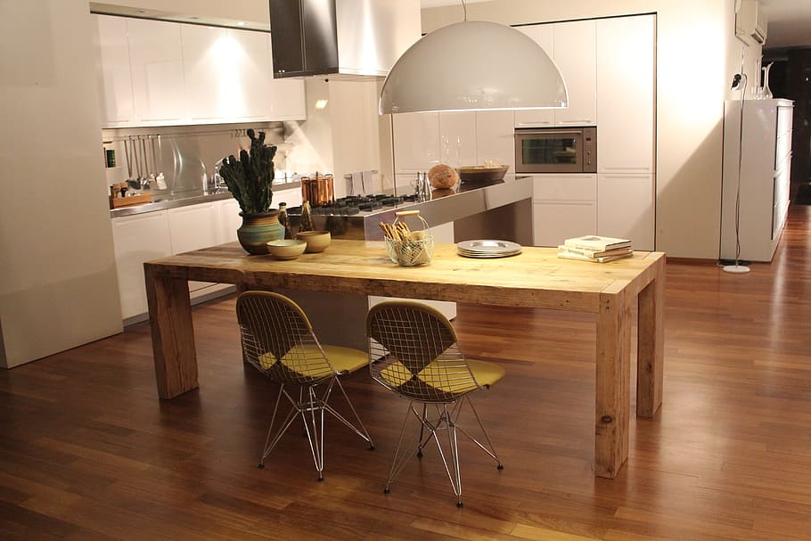 rectangular, brown, wooden, dining table, set, kitchen, house, interior, furniture, cook