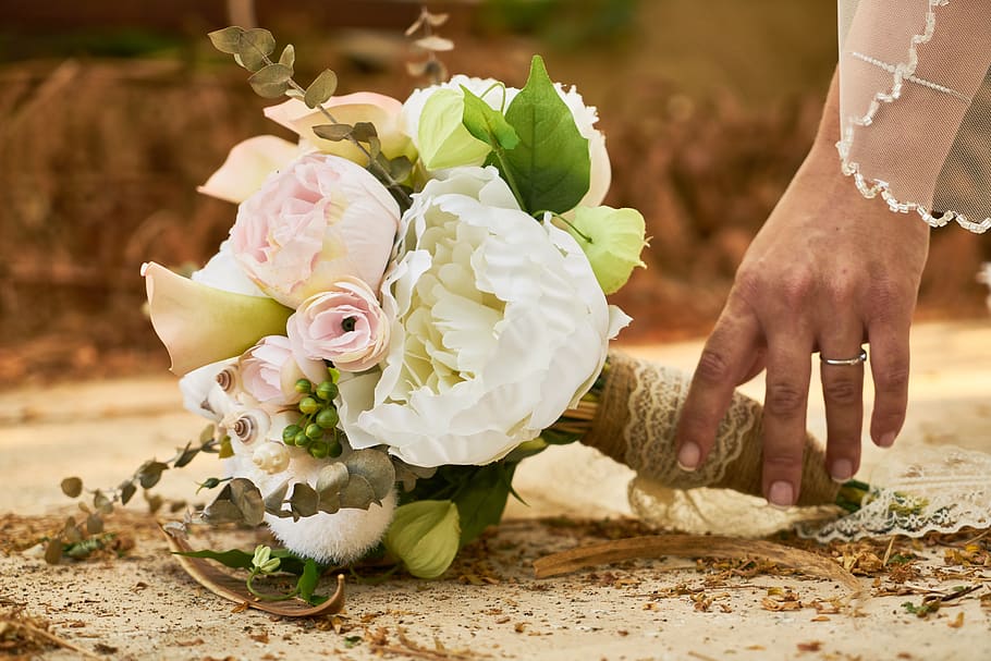 noiva, casamento, flor, buquê, el, alcance, outono, manter, rosa, decoração